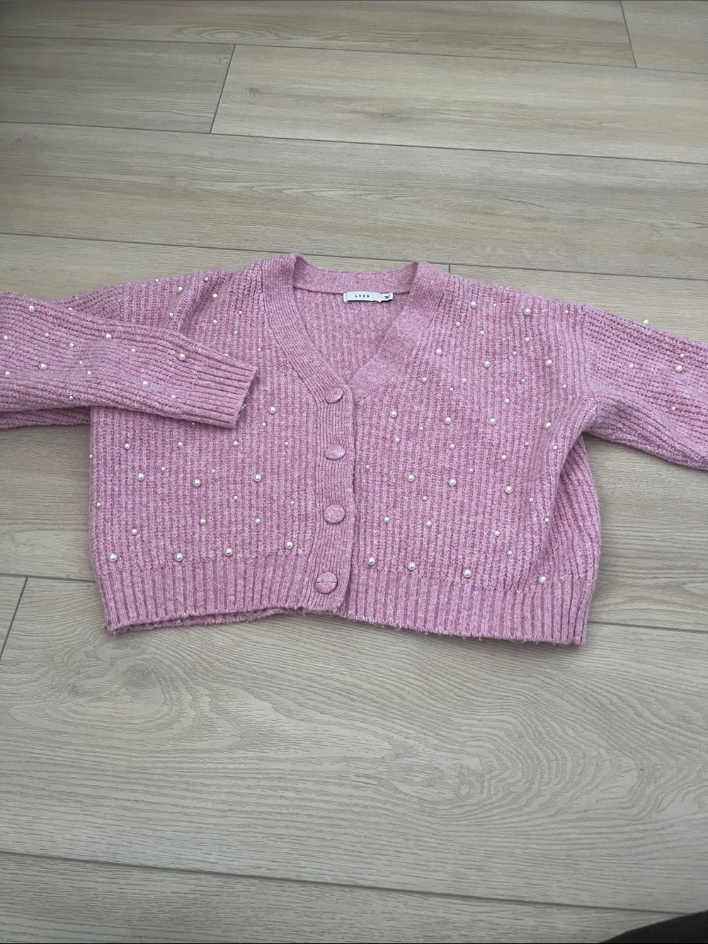 Lush Pink Cropped Pearl-Embellished Cardigan